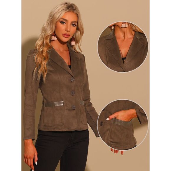 Faux Suede Blazer Lapel Collar Button Front Long Sleeve Jacket Brown - Picture 2 of 5